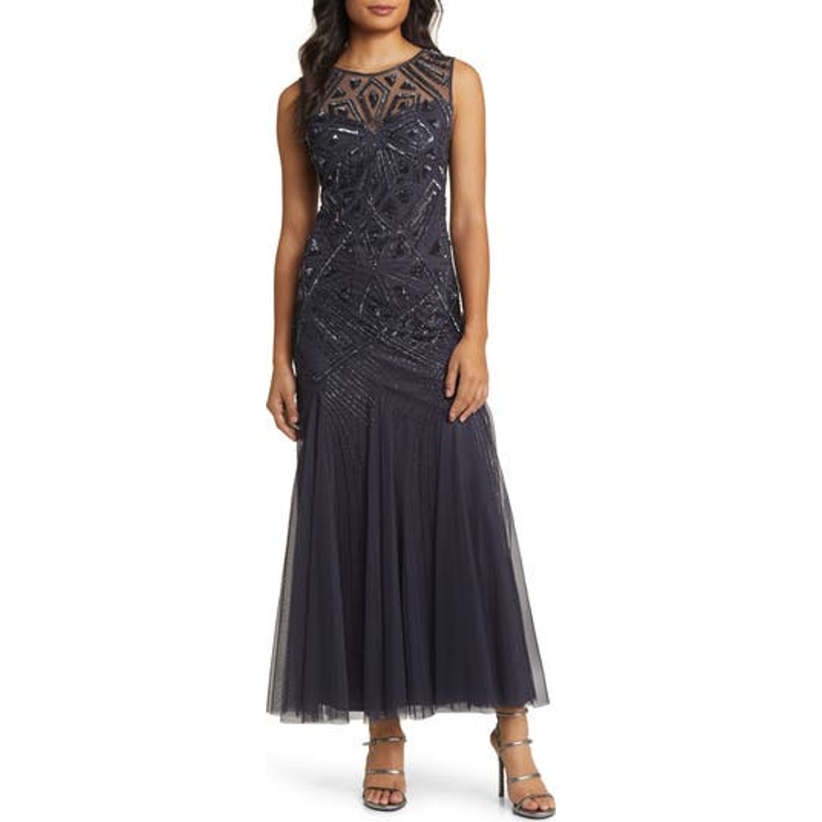 Pisarro Nights 'Geometric' Black Beaded Sleeveless Gown Size 14